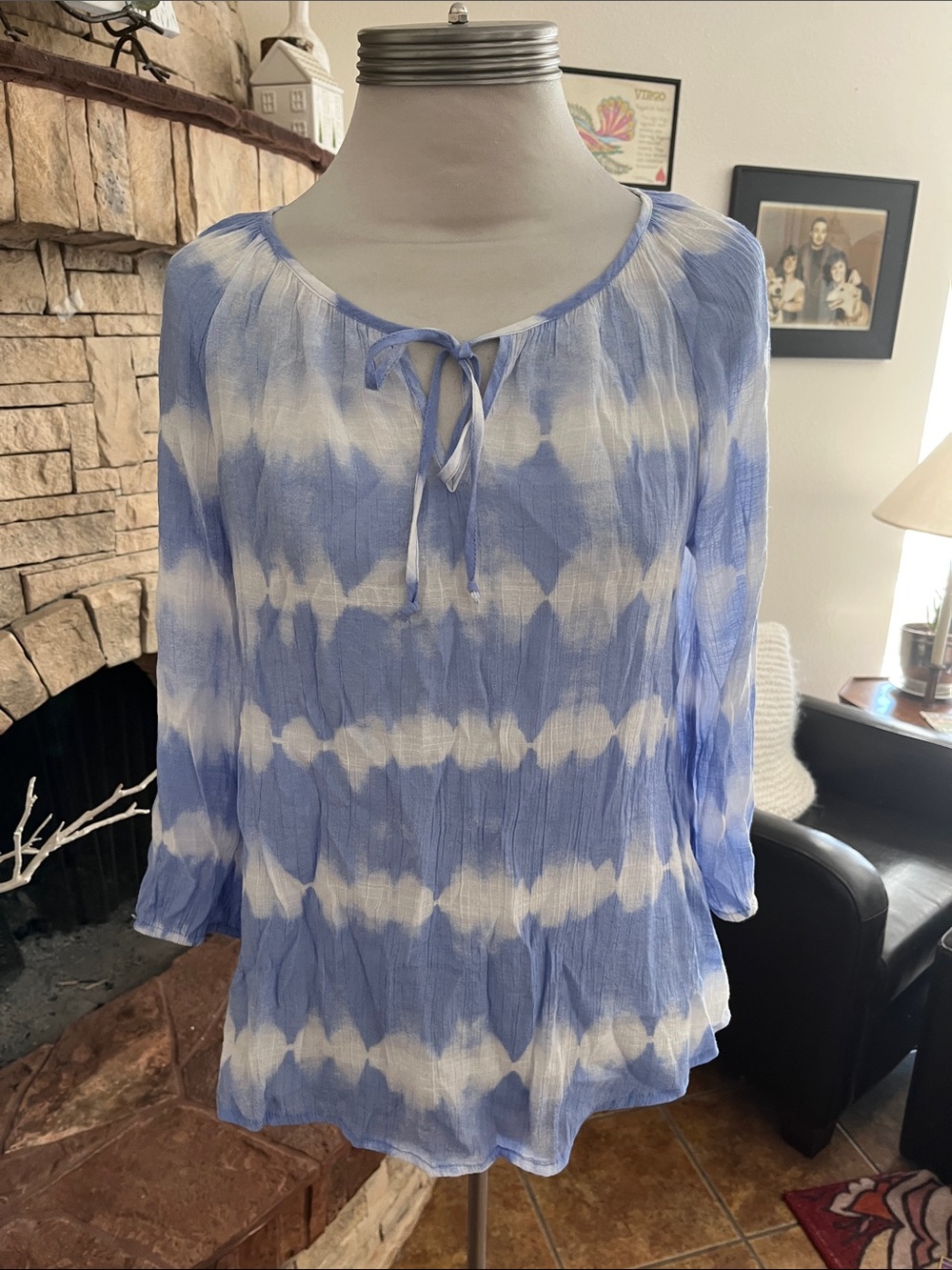 Como Blu Blue & White Tie-Dye Peasant Blouse - Women Size S